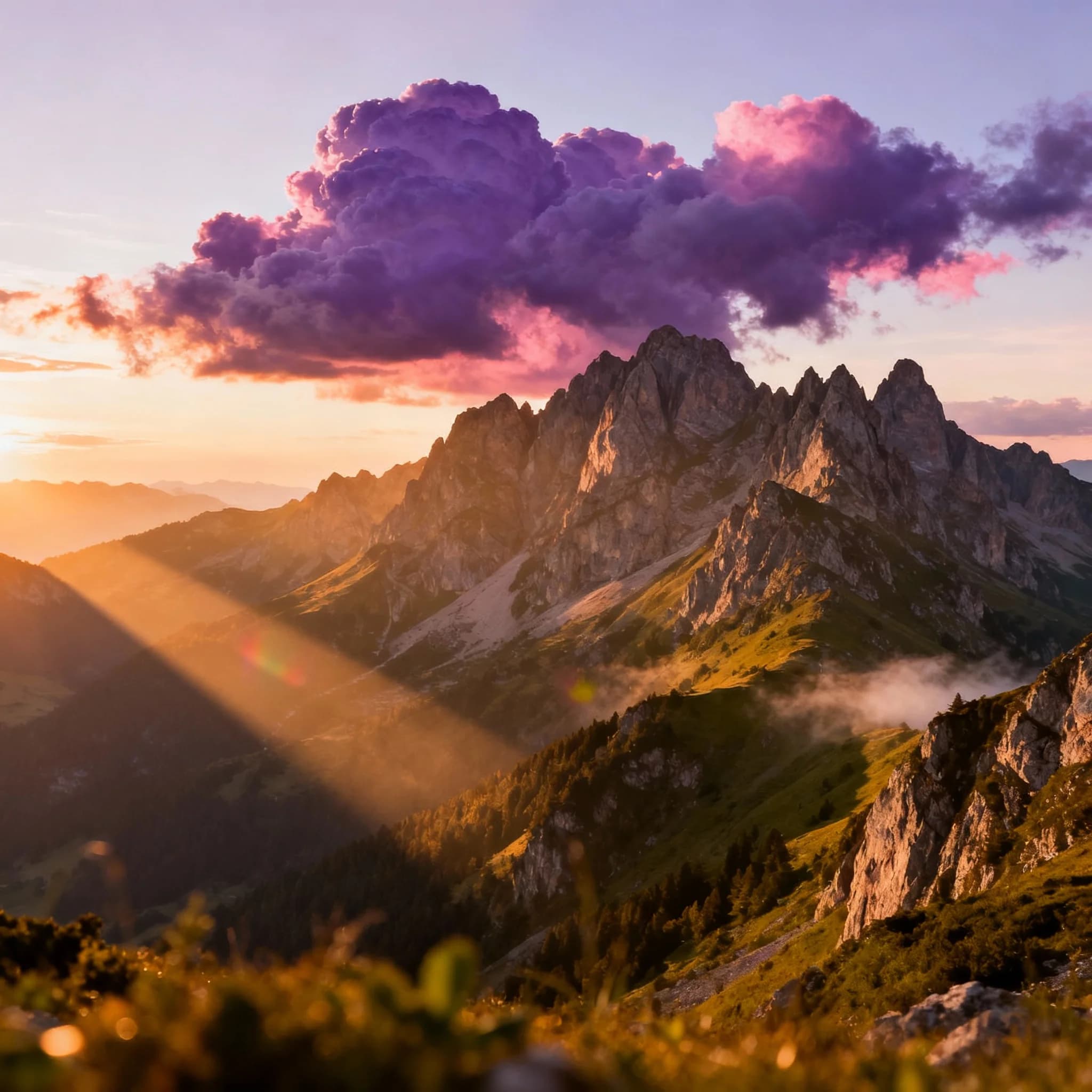 AI-generated image by Seedream v4: A serene mountain landscape at sunset with dramatic clouds AI-generated image by Seedream v4: A serene mountain landscape at sunset with dramatic clouds