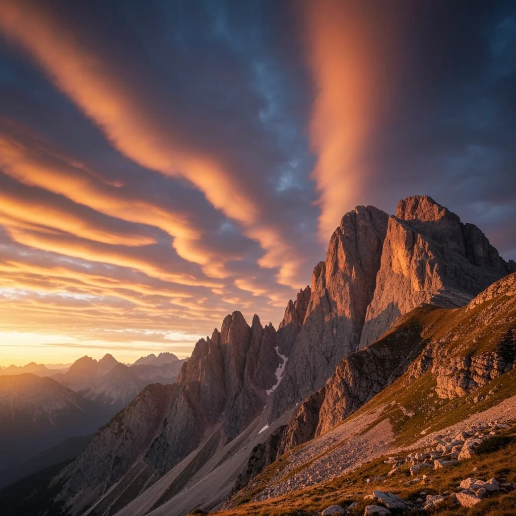 AI-generated image by Google Imagen4 Fast: A serene mountain landscape at sunset with dramatic clouds AI-generated image by Google Imagen4 Fast: A serene mountain landscape at sunset with dramatic clouds