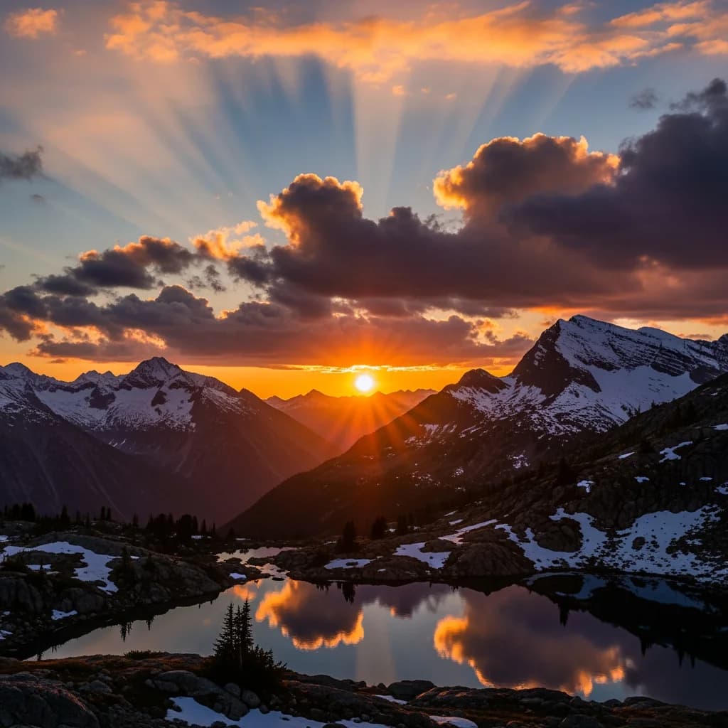 AI-generated image by Google Imagen4 Normal: A serene mountain landscape at sunset with dramatic clouds AI-generated image by Google Imagen4 Normal: A serene mountain landscape at sunset with dramatic clouds