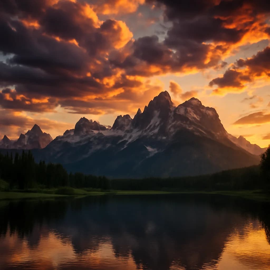 AI-generated image by GPT Low: A serene mountain landscape at sunset with dramatic clouds AI-generated image by GPT Low: A serene mountain landscape at sunset with dramatic clouds