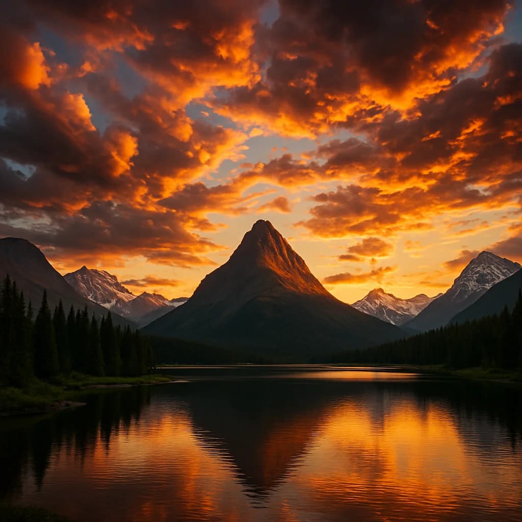 AI-generated image by GPT Medium: A serene mountain landscape at sunset with dramatic clouds AI-generated image by GPT Medium: A serene mountain landscape at sunset with dramatic clouds